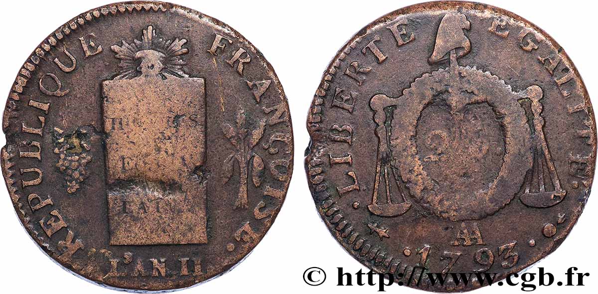 LA CONVENTION 2 sols dit &nbsp;à la table de loi&nbsp; 1793 Metz TB+/TB