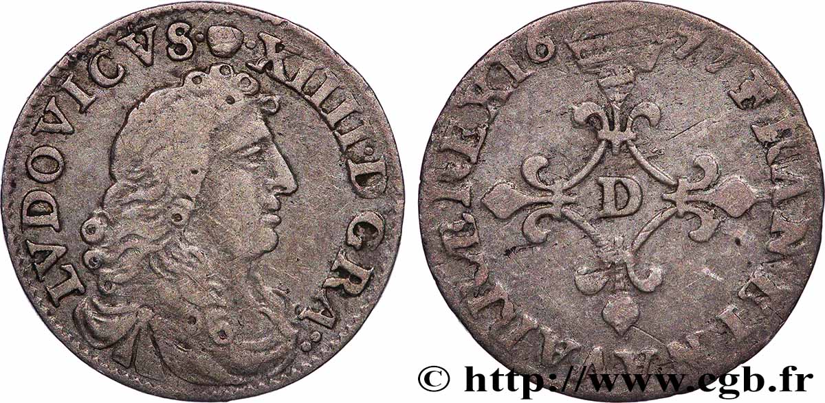 LOUIS XIV &nbsp;THE SUN KING&nbsp; Quatre sols à la croix formée de lis 1677 Vimy-en-Lyonnais (actuellement Neuville-sur-Saône) SS