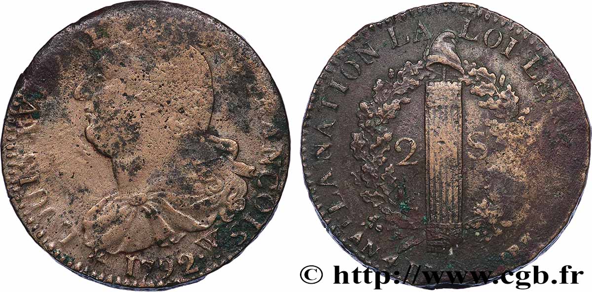 LOUIS XVI 2 sols dit &nbsp;au faisceau&nbsp;, type FRANCOIS 1792 Lille fSS