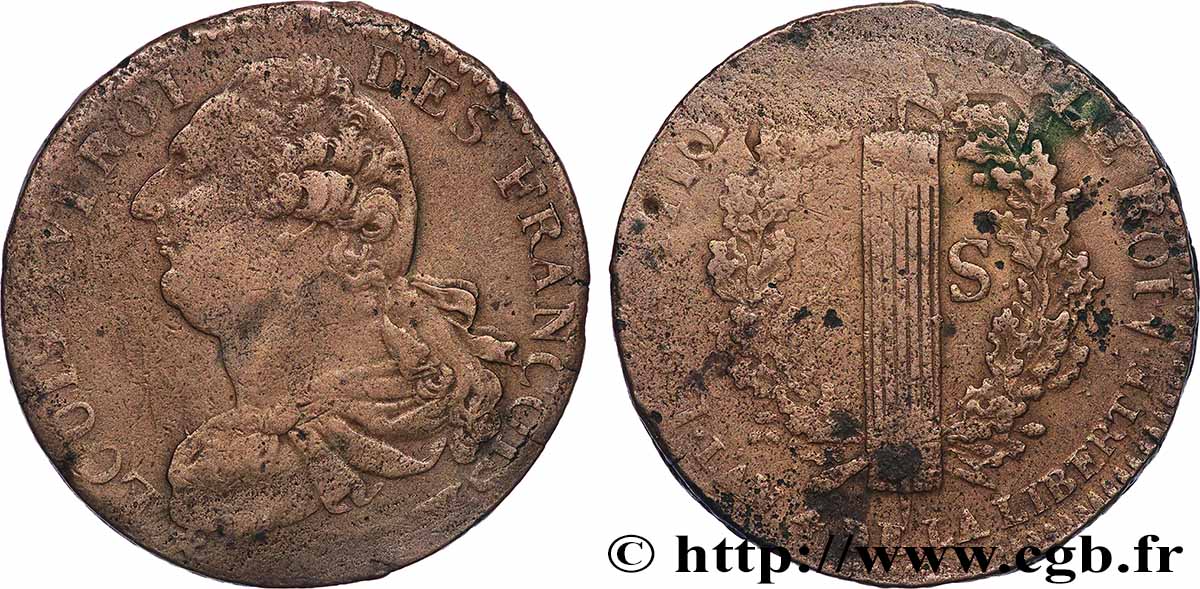 LOUIS XVI 2 sols dit &nbsp;au faisceau&nbsp;, type FRANCOIS s.m. Lille XF/VF