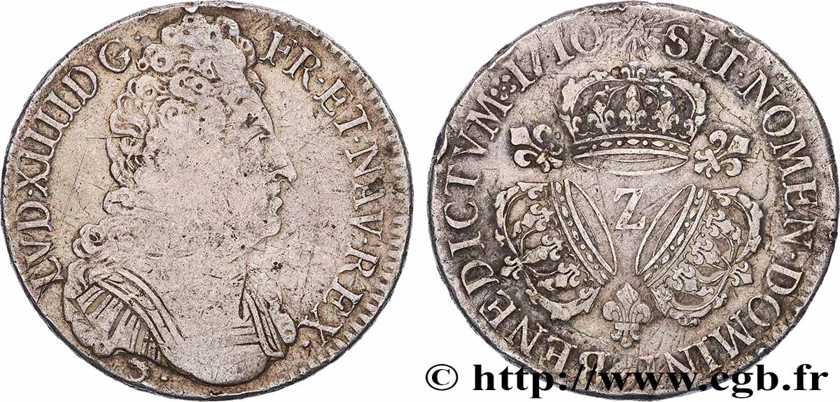 LOUIS XIV &nbsp;THE SUN KING&nbsp; Écu aux trois couronnes 1710 Grenoble VF