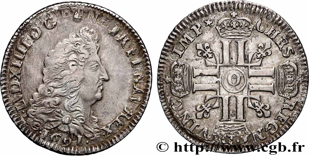 LOUIS XIV &nbsp;THE SUN KING&nbsp; Quart d&nbsp;écu aux huit L, 1er type 1691 Riom fVZ