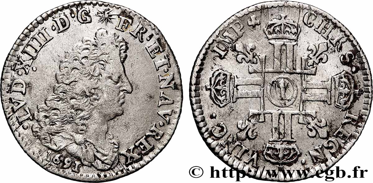 LOUIS XIV &nbsp;THE SUN KING&nbsp; Douzième d&nbsp;écu aux huit L, 1er type 1691 Lille XF