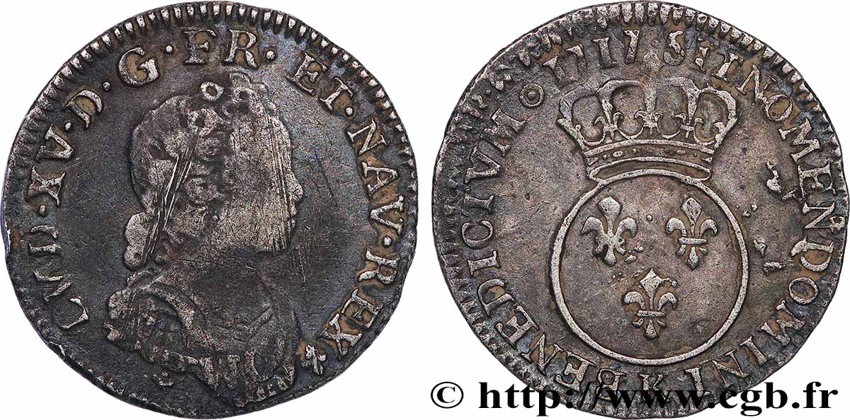 LOUIS XV &nbsp;THE WELL-BELOVED&nbsp; Dixième d&nbsp;écu dit &nbsp;vertugadin&nbsp; 1717 Bordeaux fSS