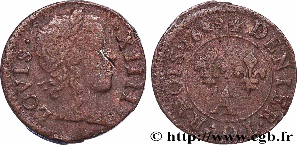 LOUIS XIV LE GRAND OU LE ROI SOLEIL Denier tournois 1649 Paris, Moulin du Louvre TB+