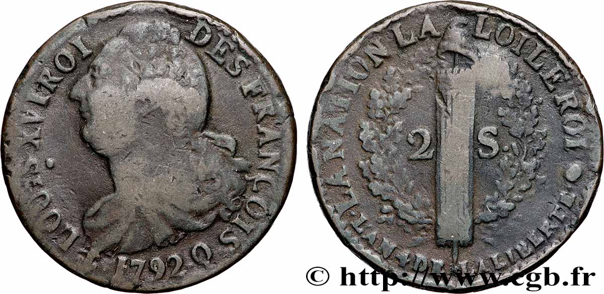 LOUIS XVI 2 sols dit &nbsp;au faisceau&nbsp;, type FRANÇOIS 1792 Perpignan VF
