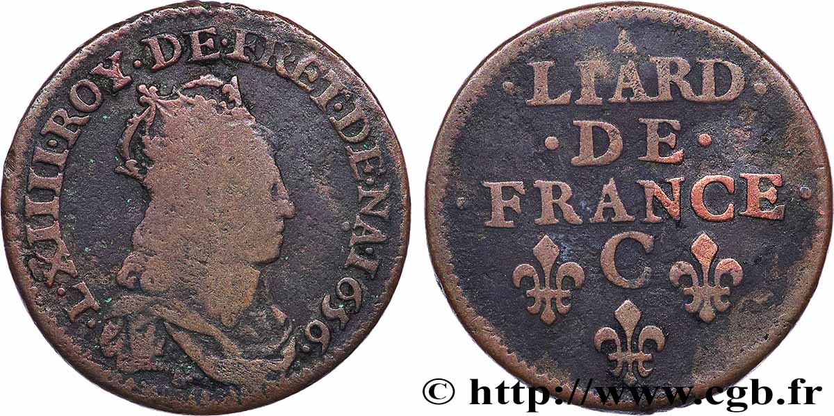 LOUIS XIV &nbsp;THE SUN KING&nbsp; Liard de cuivre, 2e type 1656 Caen VF/VF