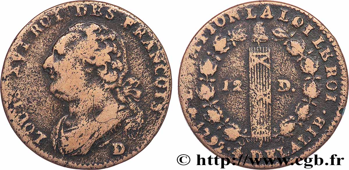 LOUIS XVI 12 deniers dit &nbsp;au faisceau&nbsp;, type FRANCOIS 1792 Dijon VF