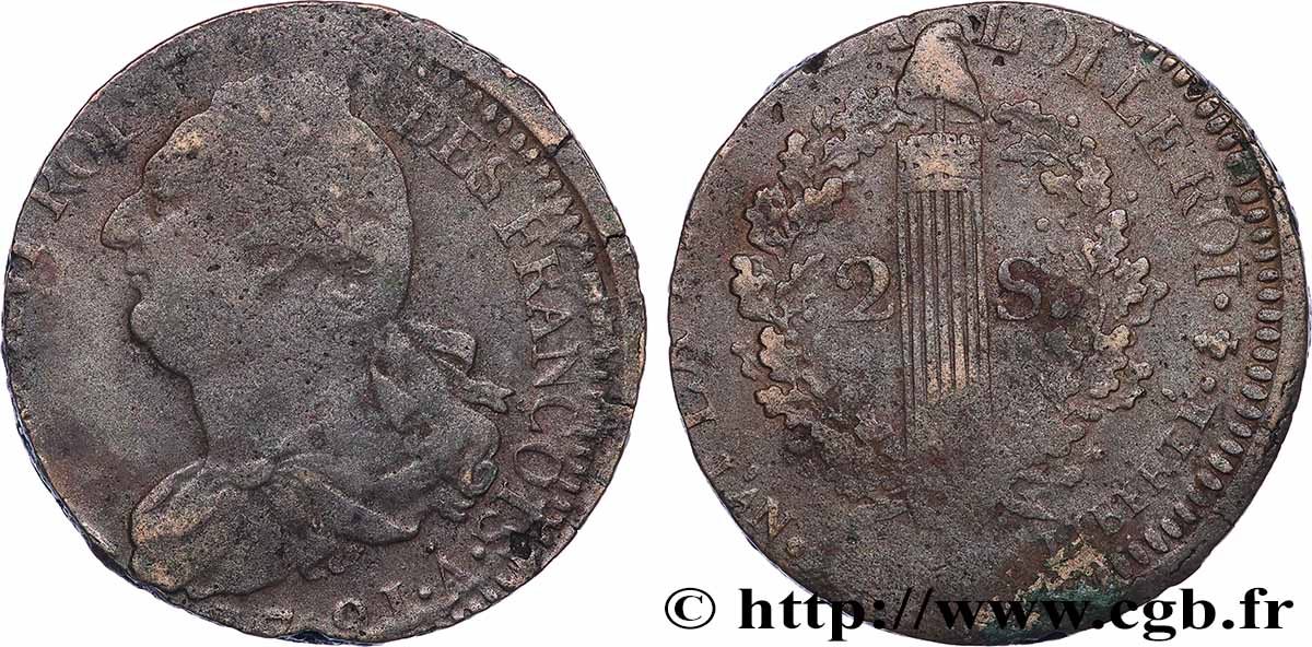 LOUIS XVI (MONARQUE CONSTITUTIONNEL)  2 sols dit &nbsp;au faisceau&nbsp;, type FRANÇOIS 1791 Paris TB+