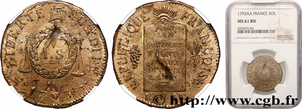 LA CONVENTION Refrappe de la pièce de un sol dite &nbsp;à la table de loi&nbsp; 1793 Metz SUP61