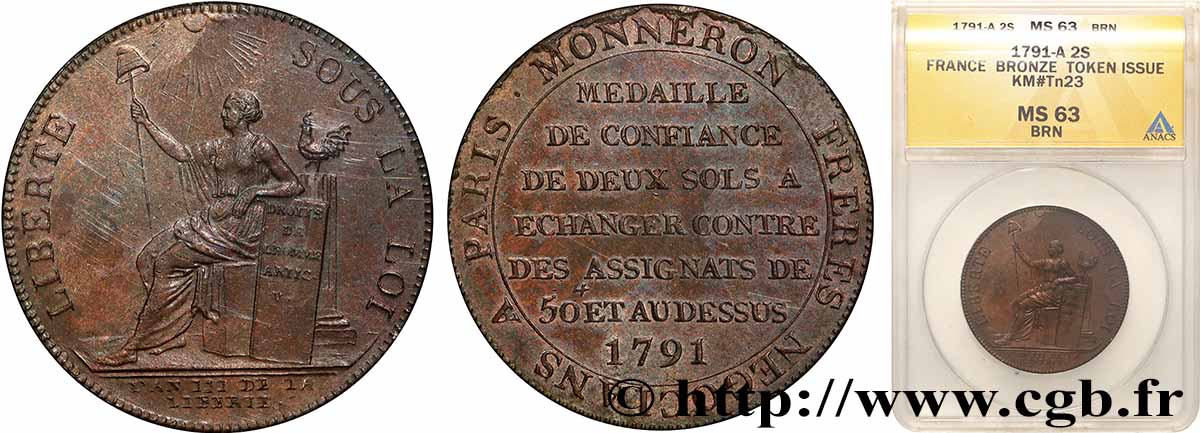 CONFIANCE (MONNAIES DE...) Monneron de 2 sols à la Liberté 1791 Birmingham, Soho SPL63