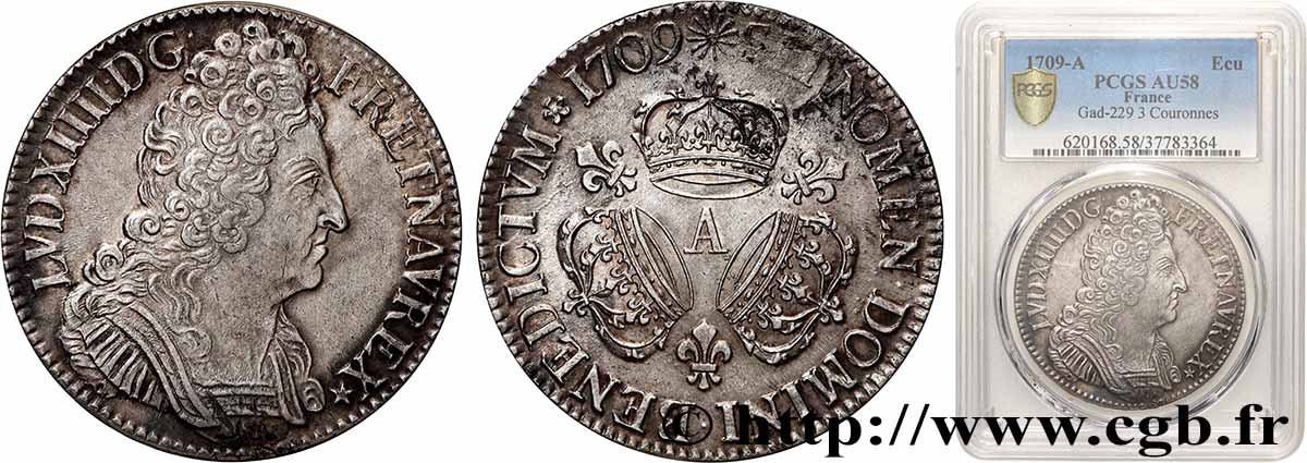 LOUIS XIV LE GRAND OU LE ROI SOLEIL Écu aux trois couronnes 1709 Paris SUP58