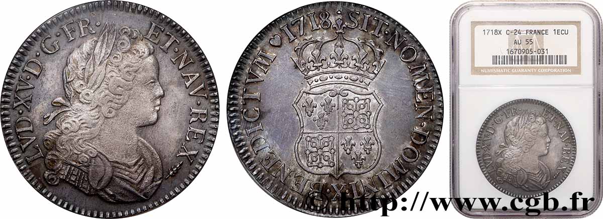 LOUIS XV &nbsp;THE WELL-BELOVED&nbsp; Écu dit &nbsp;de France-Navarre&nbsp; 1718 Amiens AU55