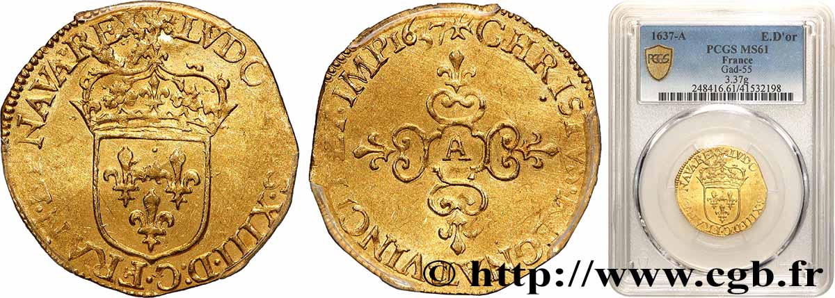 LOUIS XIII  Écu d&nbsp;or au soleil, à la croix anillée fleurdelisée 1637 Paris SPL61