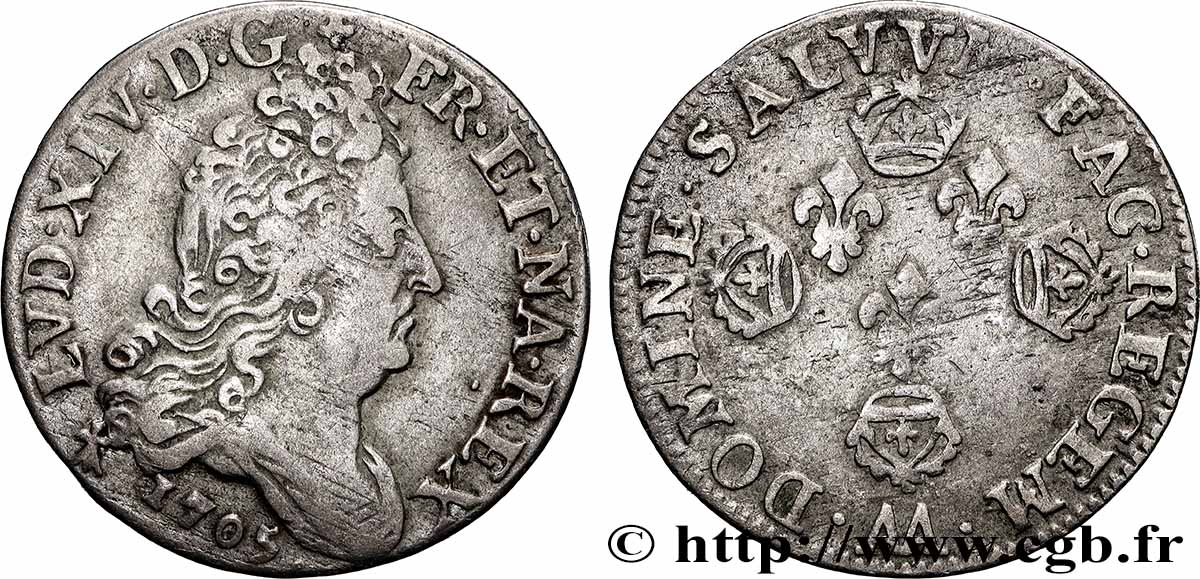 LOUIS XIV &nbsp;THE SUN KING&nbsp; Dix sols aux quatre couronnes 1705 Metz SS