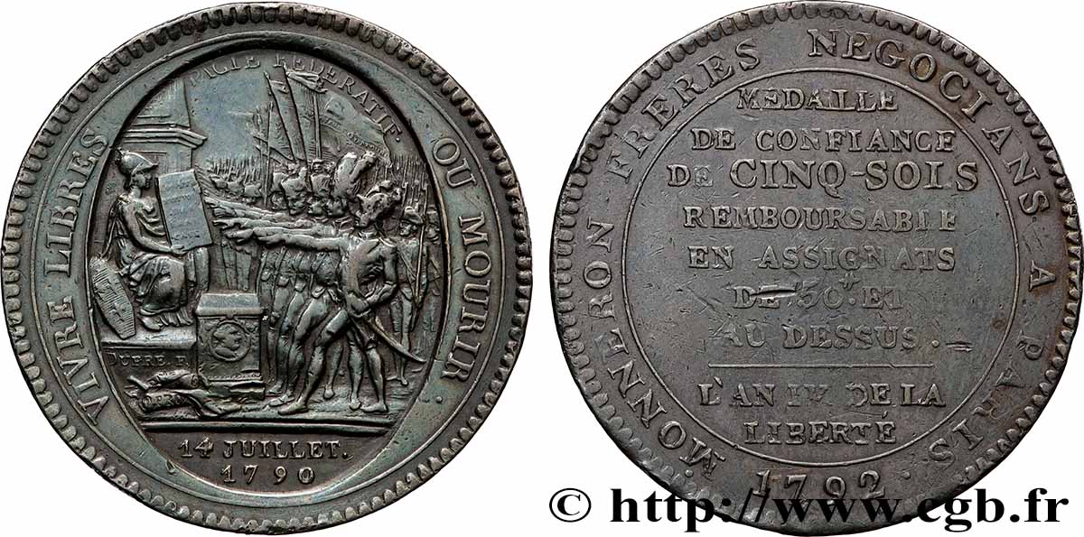 CONFIANCE (MONNAIES DE...) Monneron de 5 sols au serment (An IV), 3e type 1792 Birmingham, Soho TTB+/TTB