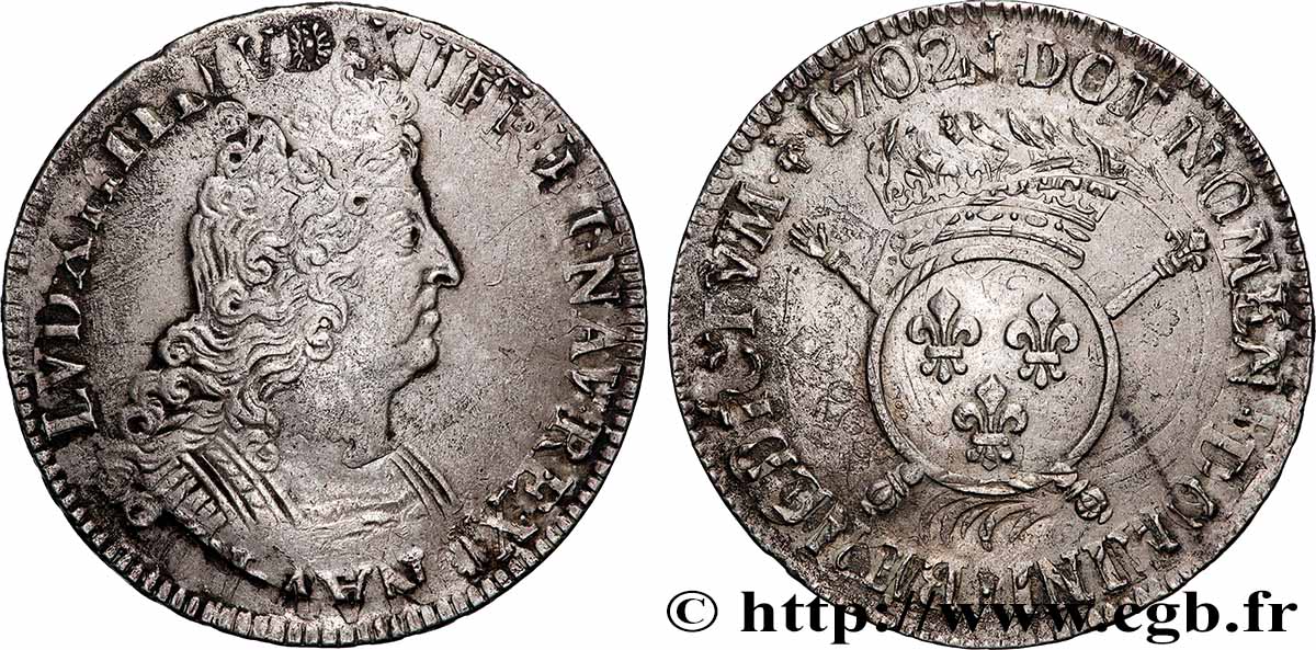 LOUIS XIV LE GRAND OU LE ROI SOLEIL Écu aux insignes 1702 Paris TTB