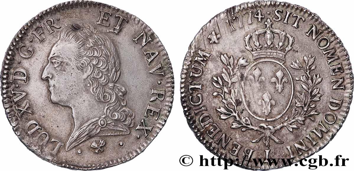 LOUIS XV &nbsp;THE WELL-BELOVED&nbsp; Écu aux branches d’olivier, buste lauré 1774 Bayonne AU