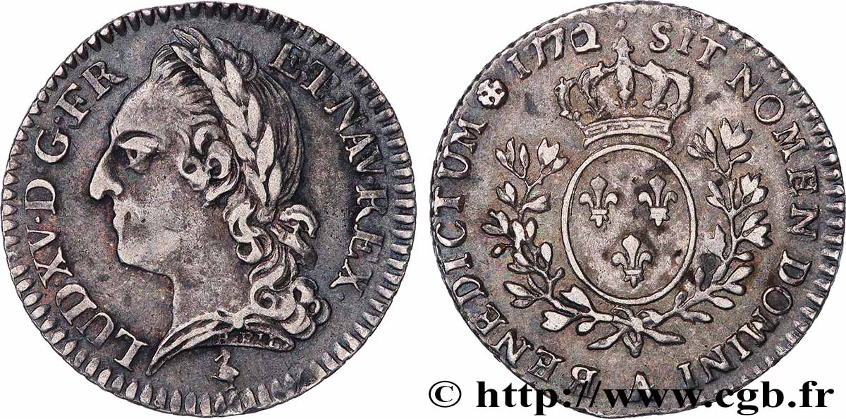 LOUIS XV &nbsp;THE WELL-BELOVED&nbsp; Dixième d’écu aux branches d’olivier, buste lauré 1772 Paris XF/AU