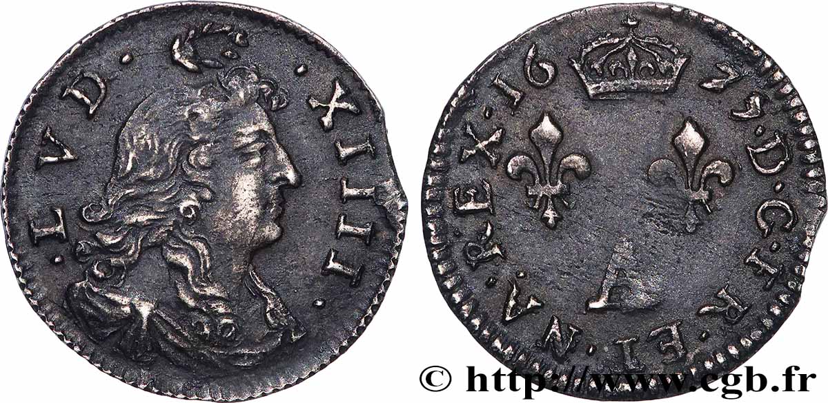 LOUIS XIV &nbsp;THE SUN KING&nbsp; Deux sols aux deux lis sous couronne 1675 Paris AU/XF