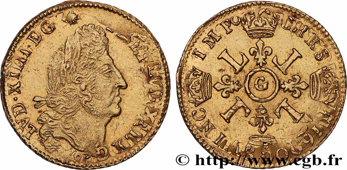 LOUIS XIV LE GRAND OU LE ROI SOLEIL Louis d&nbsp;or aux quatre L 1697 Poitiers TTB+