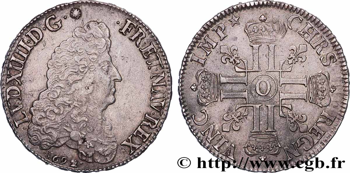 LOUIS XIV &nbsp;THE SUN KING&nbsp; Écu aux huit L, 1er type 1692 Riom XF/AU
