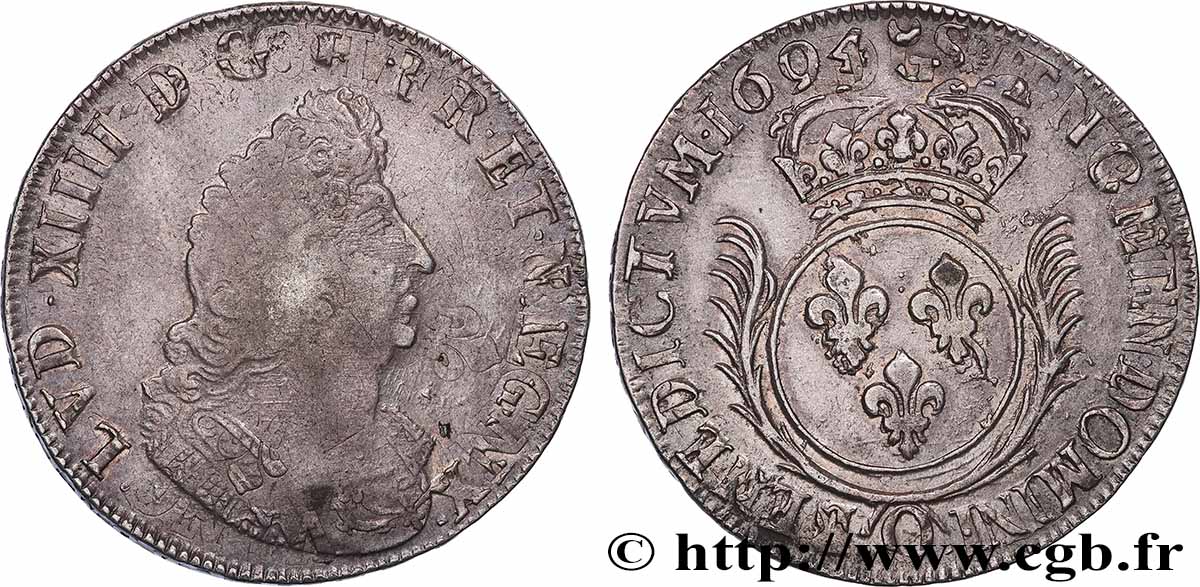 LOUIS XIV &nbsp;THE SUN KING&nbsp; Écu aux palmes 1694 Riom VF/XF