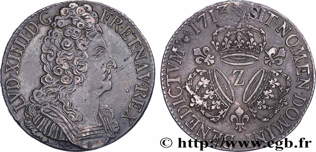 LOUIS XIV LE GRAND OU LE ROI SOLEIL Écu aux trois couronnes 1713 Grenoble TB+