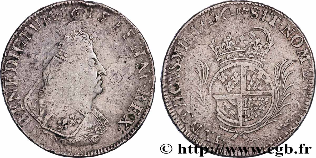 LOUIS XIV LE GRAND OU LE ROI SOLEIL Écu de Flandre aux palmes 1696 Lille TB/TB+