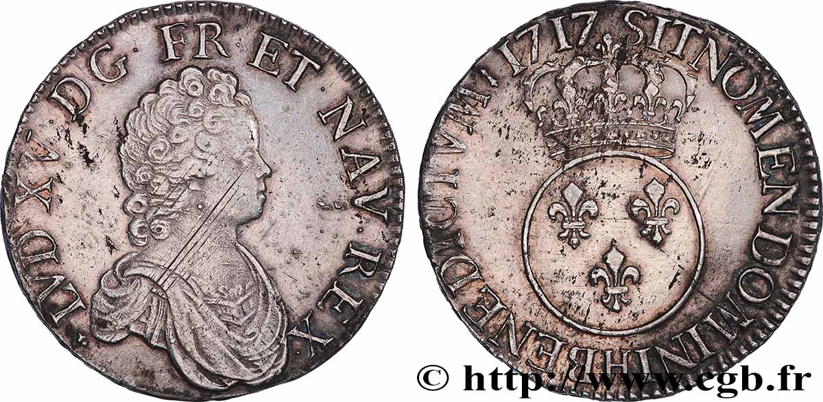 LOUIS XV DIT LE BIEN AIMÉ Écu dit &nbsp;vertugadin&nbsp; 1717 La Rochelle TTB/TTB+