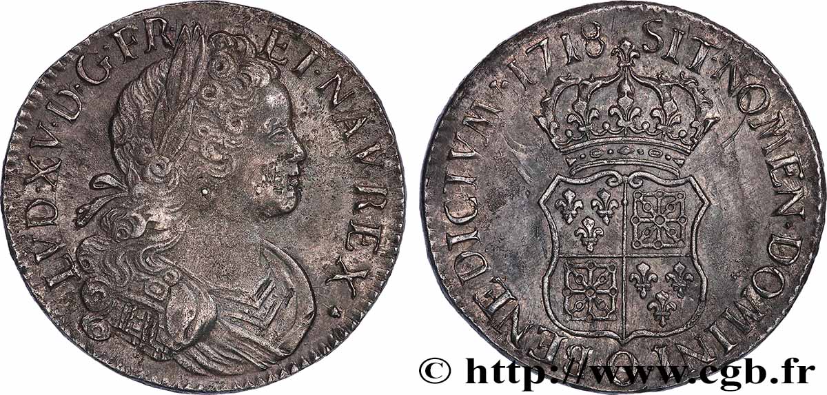 LOUIS XV &nbsp;THE WELL-BELOVED&nbsp; Écu dit &nbsp;de France-Navarre&nbsp; 1718 Riom XF/AU