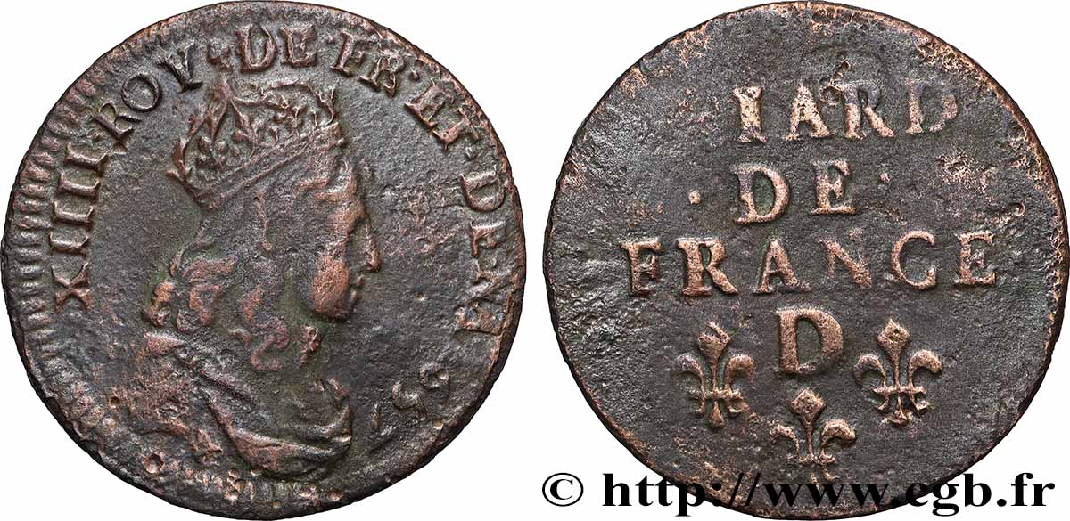 LOUIS XIV &nbsp;THE SUN KING&nbsp; Liard de cuivre, 2e type 1657 Vimy-en-Lyonnais (actuellement Neuville-sur-Saône) MBC/BC+