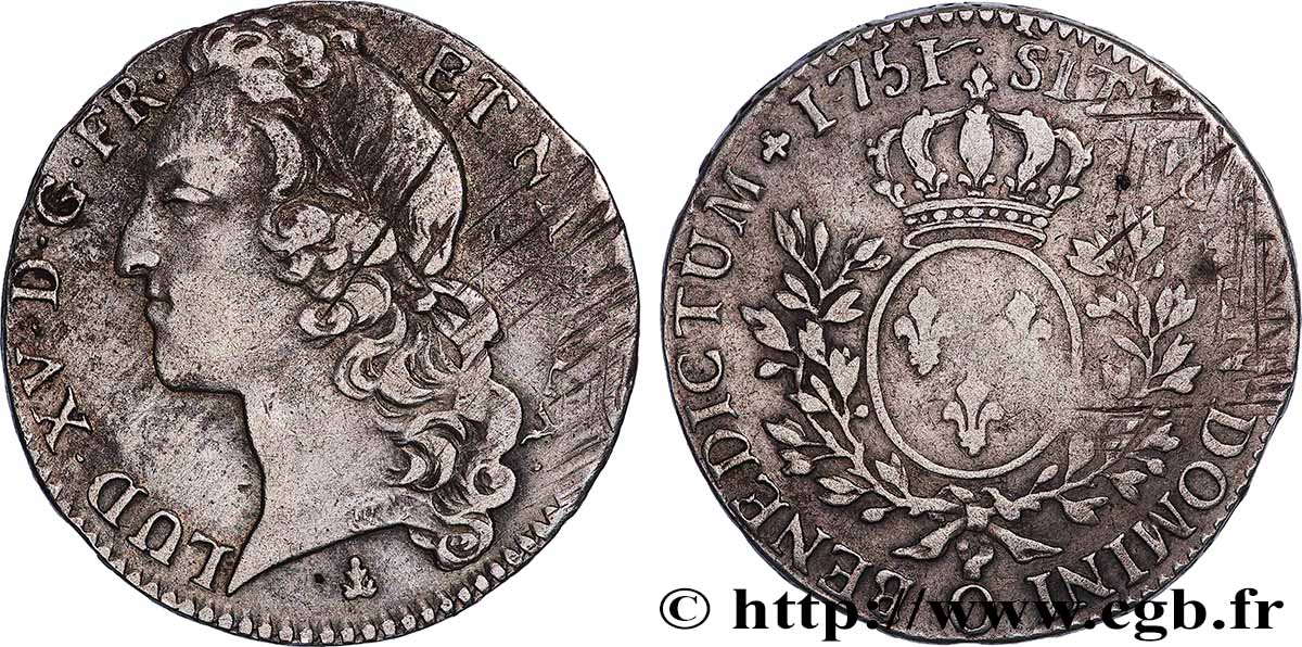 LOUIS XV DIT LE BIEN AIMÉ Demi-écu aux branches d’olivier, tête ceinte d’un bandeau 1751 Riom TB+