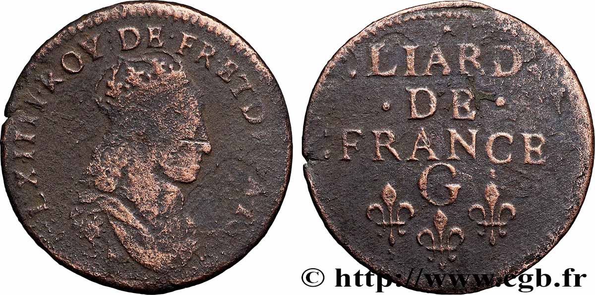 LOUIS XIV LE GRAND OU LE ROI SOLEIL Liard de cuivre, 2e type 1657 Lusignan TB