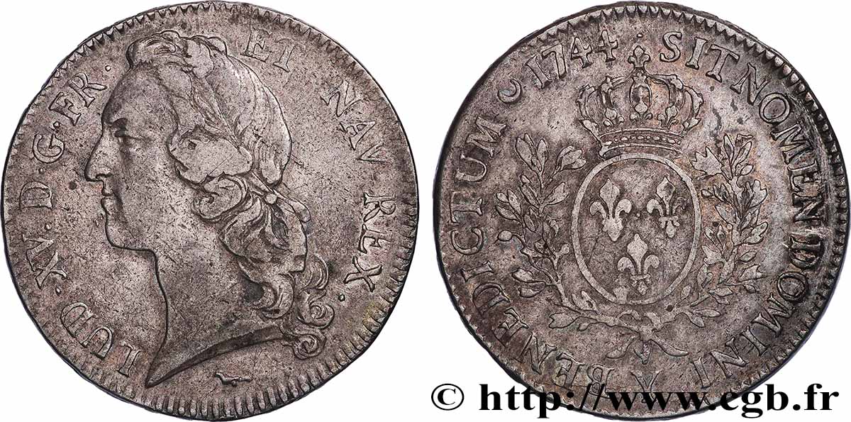 LOUIS XV &nbsp;THE WELL-BELOVED&nbsp; Écu aux branches d’olivier, tête ceinte d’un bandeau 1744 Bourges XF