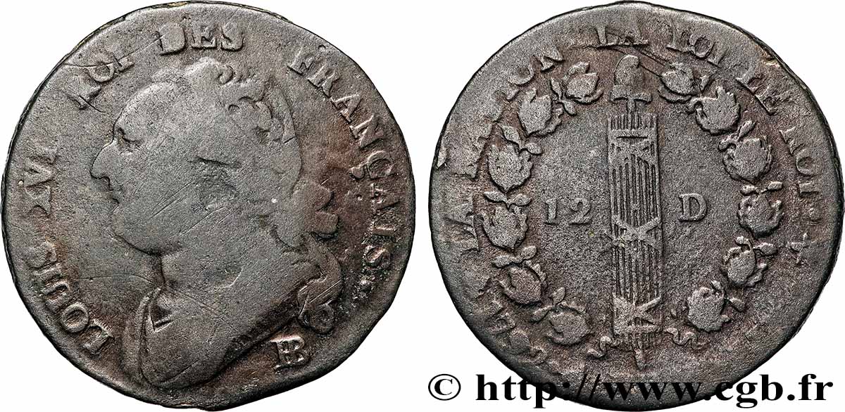 LOUIS XVI 12 deniers dit &nbsp;au faisceau&nbsp;, type FRANÇAIS 1792 Strasbourg S