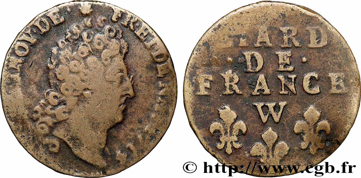 LOUIS XIV LE GRAND OU LE ROI SOLEIL Liard de France au buste nu 1714 Lille TB+