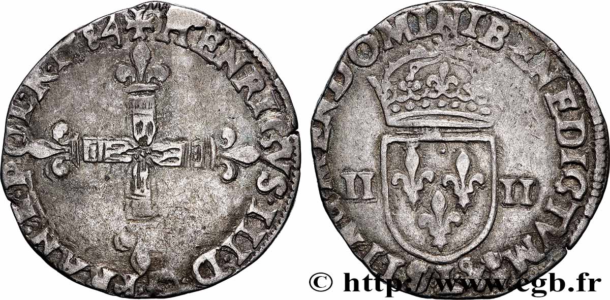 HENRI III Quart d&nbsp;écu, croix de face 1584 Bayonne TB+