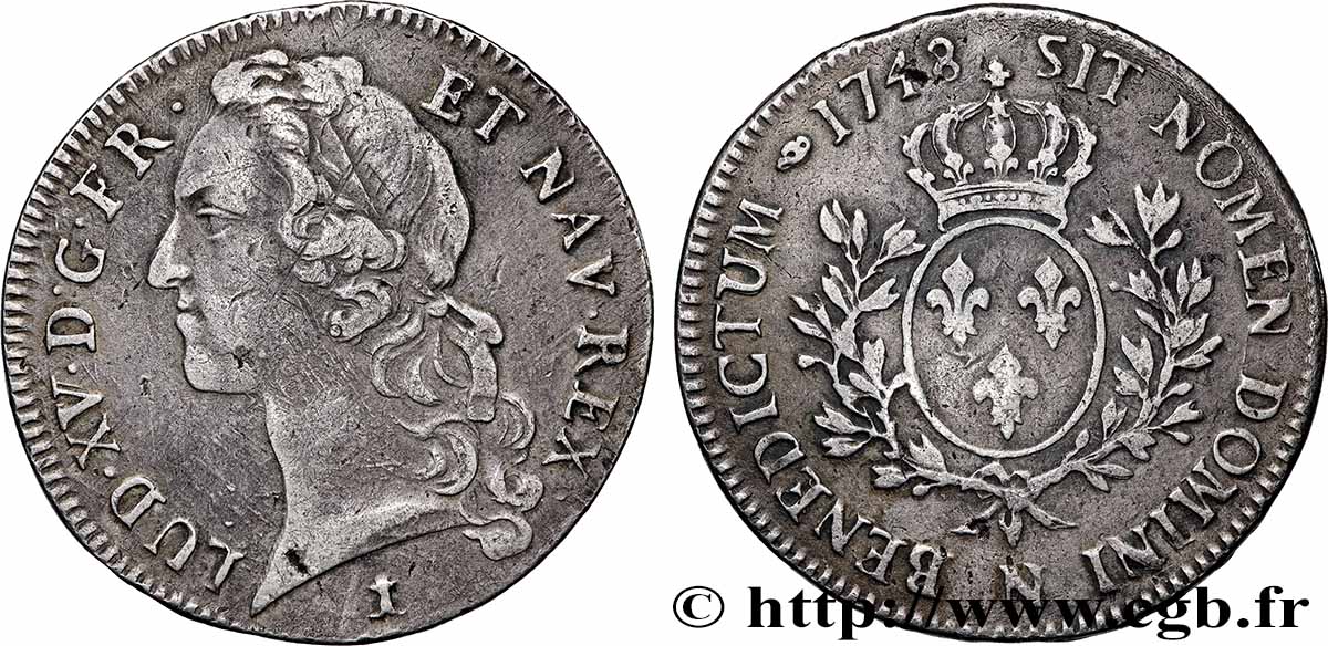 LOUIS XV THE BELOVED Écu aux branches d’olivier, tête ceinte d’un bandeau 1748 Montpellier XF/VF