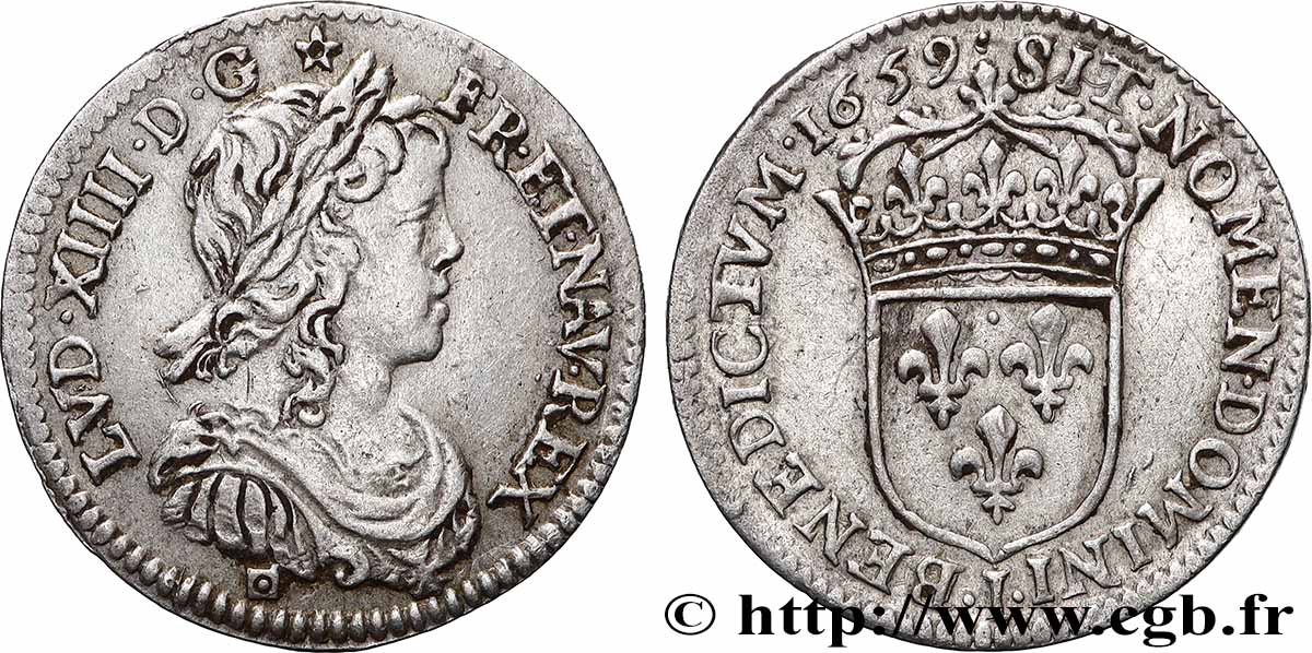 LOUIS XIV &nbsp;THE SUN KING&nbsp; Douzième d&nbsp;écu, portrait à la mèche longue 1659 Limoges XF/AU