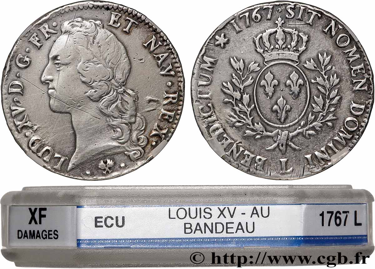 LOUIS XV THE BELOVED Écu aux branches d’olivier, tête ceinte d’un bandeau 1767 Bayonne XF