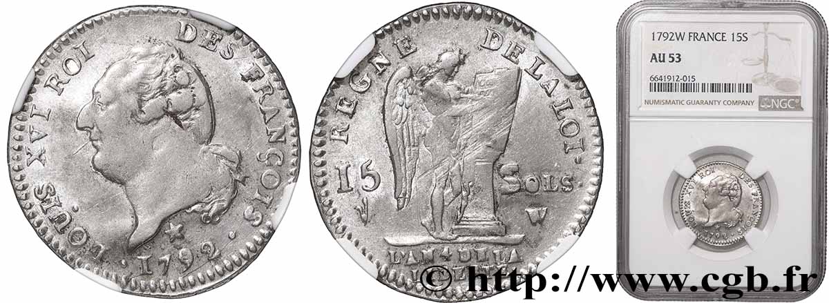 LOUIS XVI 15 sols dit &nbsp;au génie&nbsp;, type FRANCOIS 1792 Lille AU53