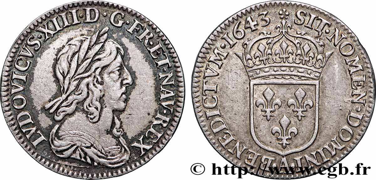 LOUIS XIII Douzième d&nbsp;écu, buste drapé et cuirassé (2e buste de Jean Warin) 1643 Paris, Monnaie de Matignon AU/AU