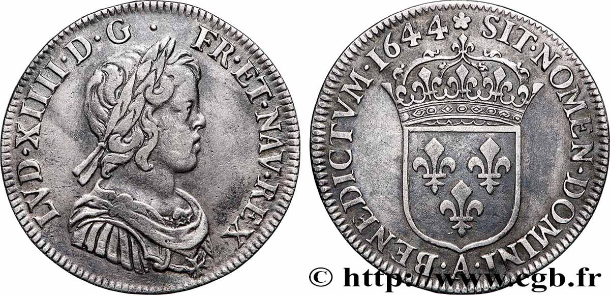 LOUIS XIV &nbsp;THE SUN KING&nbsp; Quart d&nbsp;écu, portrait à la mèche courte 1644 Paris, Monnaie de Matignon fSS/SS