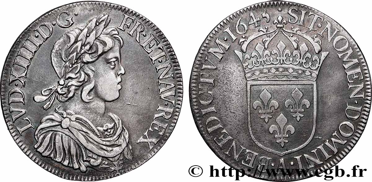 LOUIS XIV &nbsp;THE SUN KING&nbsp; Écu, portrait à la mèche courte 1645 Paris, Monnaie du Louvre XF/AU