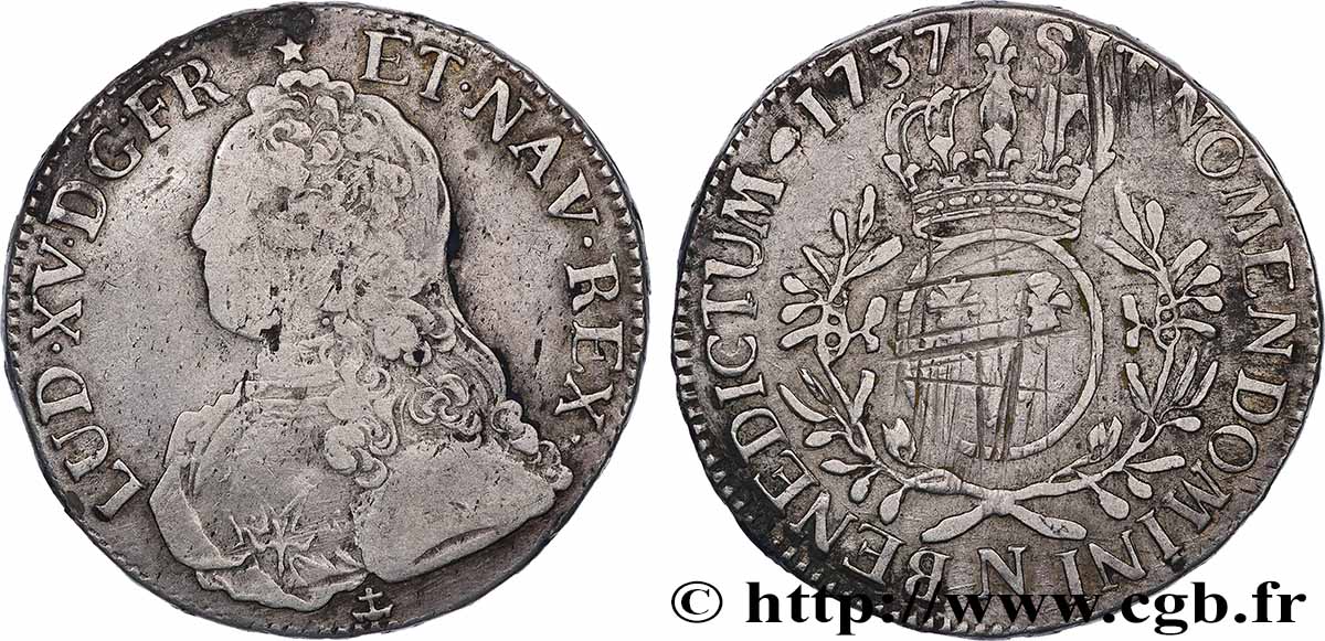 LOUIS XV &nbsp;THE WELL-BELOVED&nbsp; Écu aux branches d&nbsp;olivier, buste habillé 1737 Montpellier S