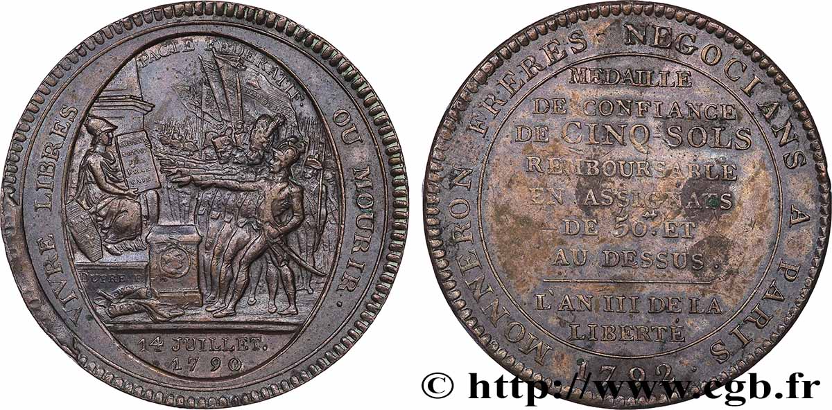 REVOLUTION COINAGE Monneron de 5 sols au serment (An IV), 3e type 1792 Birmingham, Soho VZ/fVZ