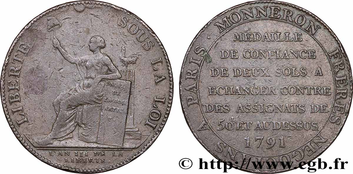 REVOLUTION COINAGE Monneron de 2 sols à la Liberté 1792 Birmingham, Soho fSS/SS