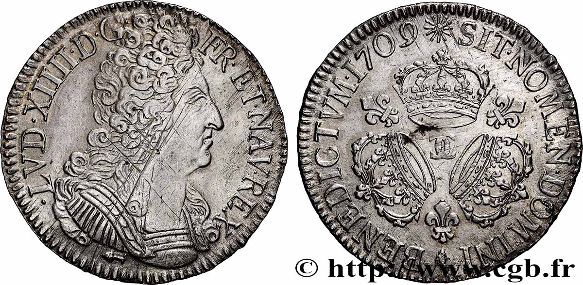 LOUIS XIV &nbsp;THE SUN KING&nbsp; Écu aux trois couronnes 1709 Besançon XF/AU