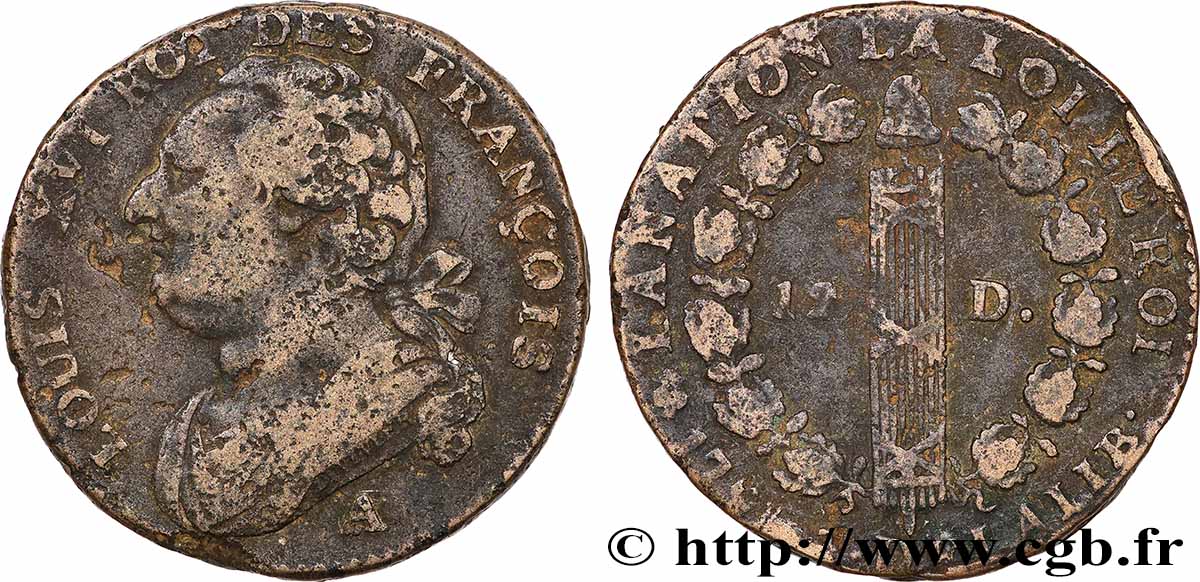LOUIS XVI 12 deniers dit &nbsp;au faisceau&nbsp;, type FRANÇOIS 1791 Paris fSS